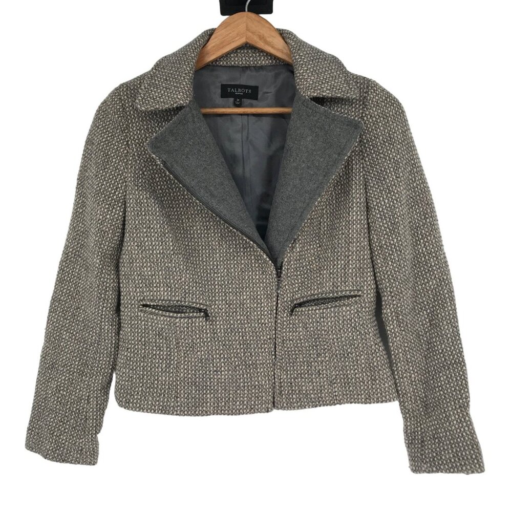 Talbots 2P Gray Tweed Moto Jacket Blazer Full Zip Wool Blend Pockets Metallic